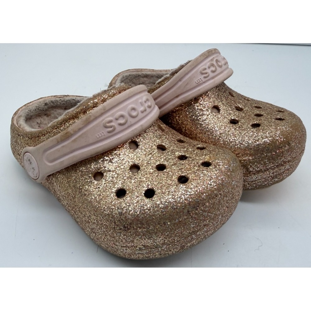 Crocs Classic Lined Clogs Gold Glitter Pink Cozy Fuzzy Toddler | Girl's Size 6 - Picture 10 of 12